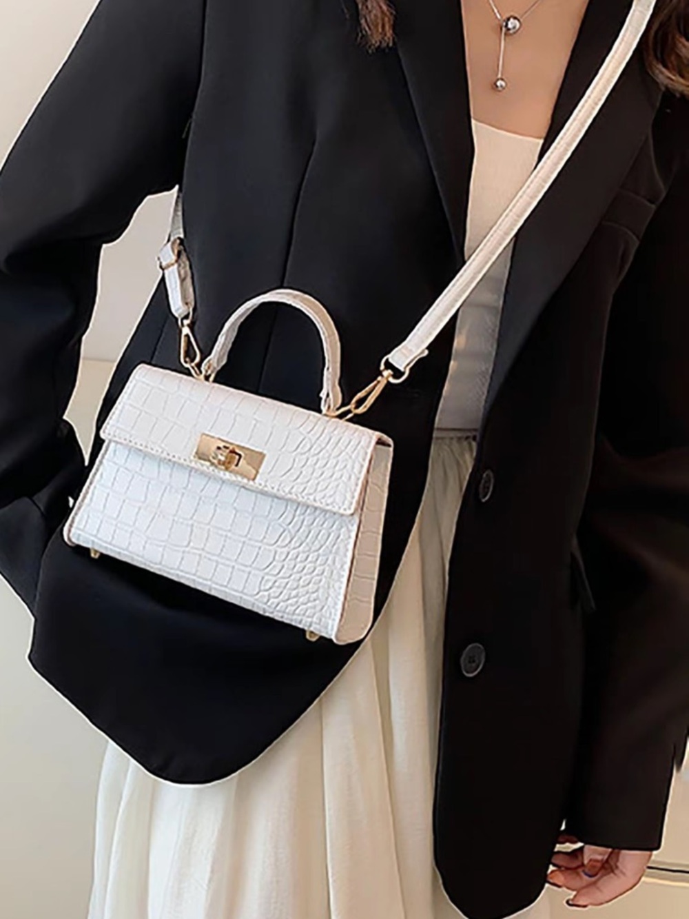 Croc-Embossed White Top-Handle Satchel with Gold Hardware - Picture 5 of 5